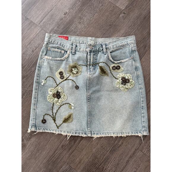 Le Jealous Dresses & Skirts - Le Jealous Vintage Denim Skirt Y2K Beaded Floral 42 Large Boho Hippie Festival